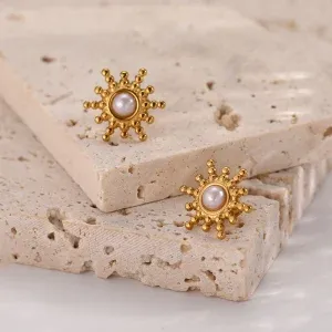 Retro Gold Pearl Sun Earrings